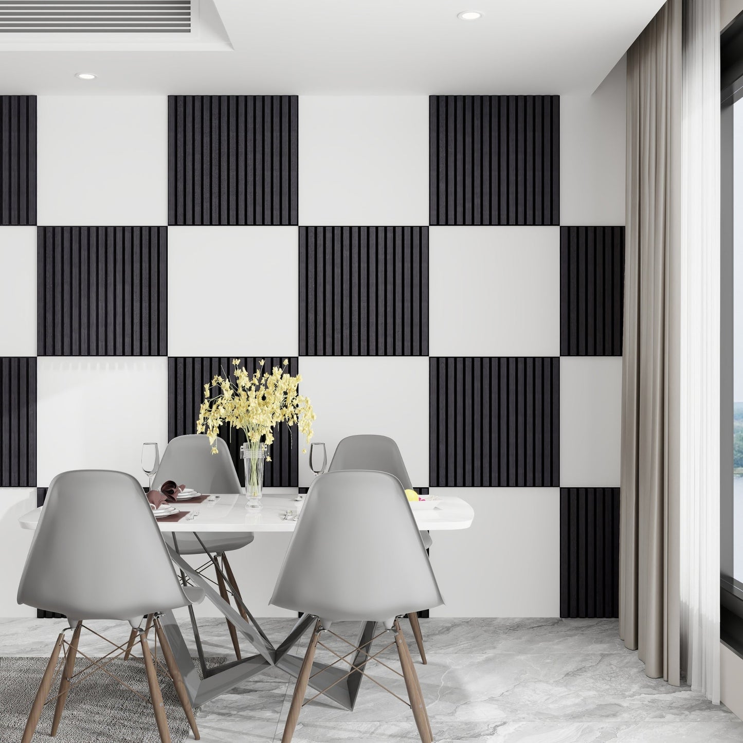 Black Acoustic Wood Wall Panel Tiles Thin Slat - 60x60cm (4 Pack)
