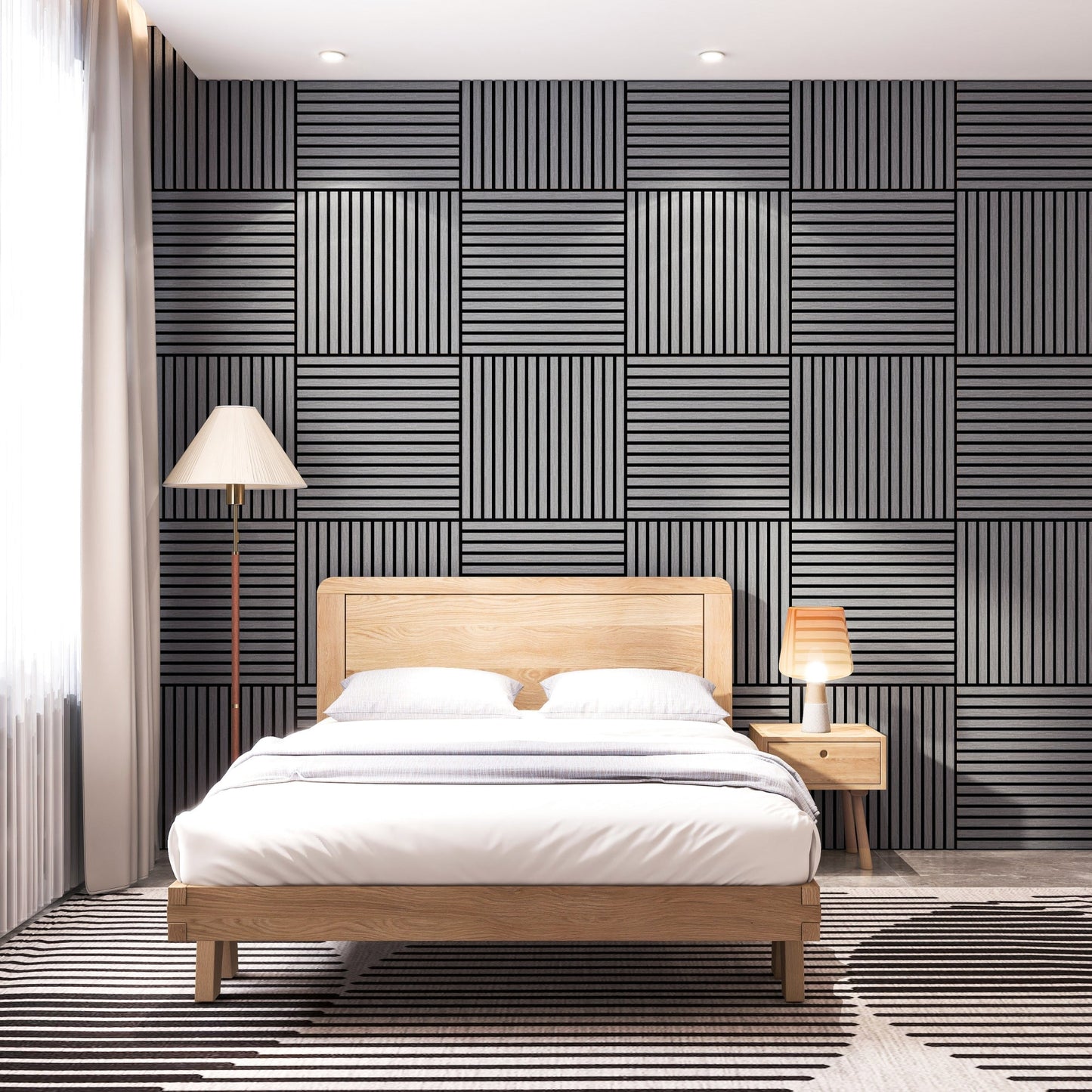 Grey Acoustic Wood Wall Panel Tiles Thin Slat - 60x60cm (4 Pack)