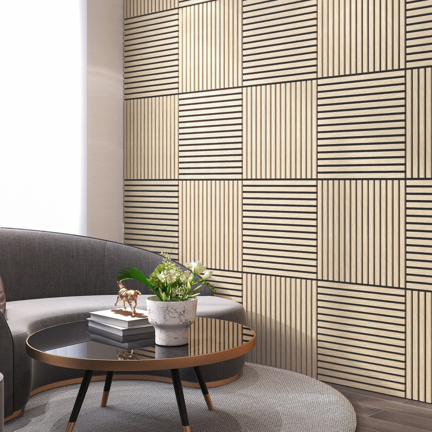 Oak Acoustic Wood Wall Panel Tiles Thin Slat - 60x60cm (4 Pack)