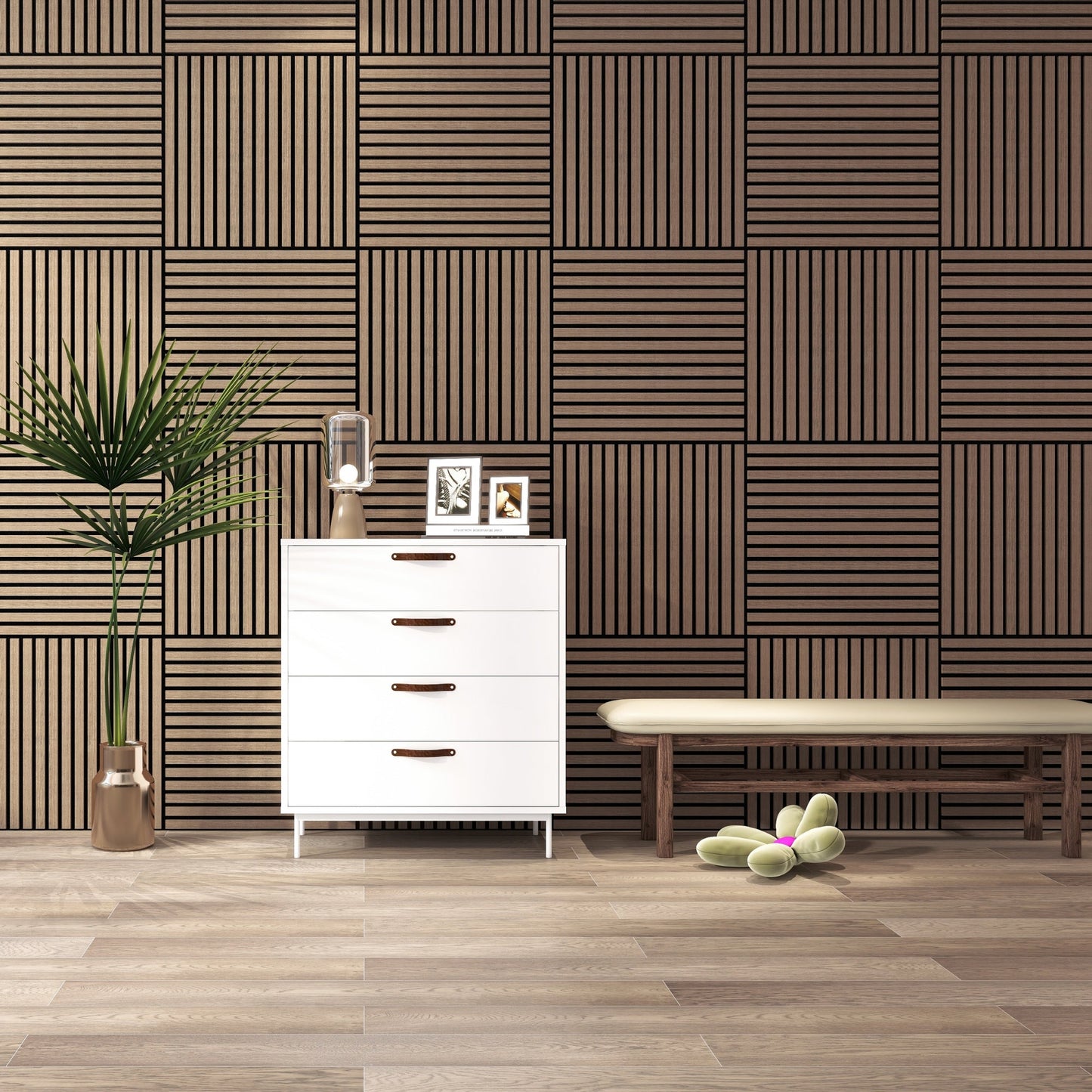 Smoked Oak Acoustic Wood Wall Panel Tiles Thin Slat - 60x60cm (4 Pack)